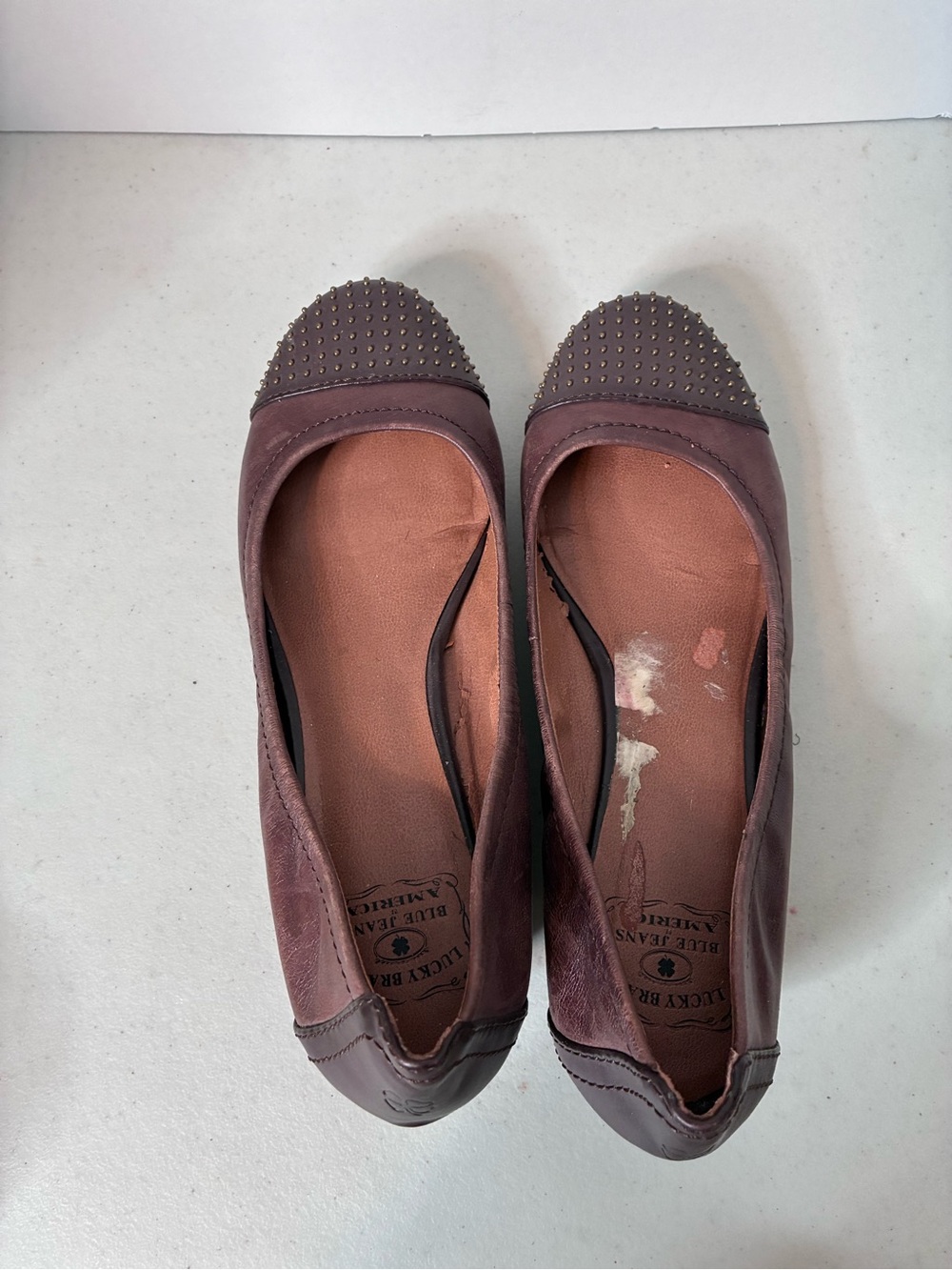 Lucky Brand Brown Leather Studded Cap Toe Ballet Flats Women’s Slip On Shoes - Picture 5 of 7